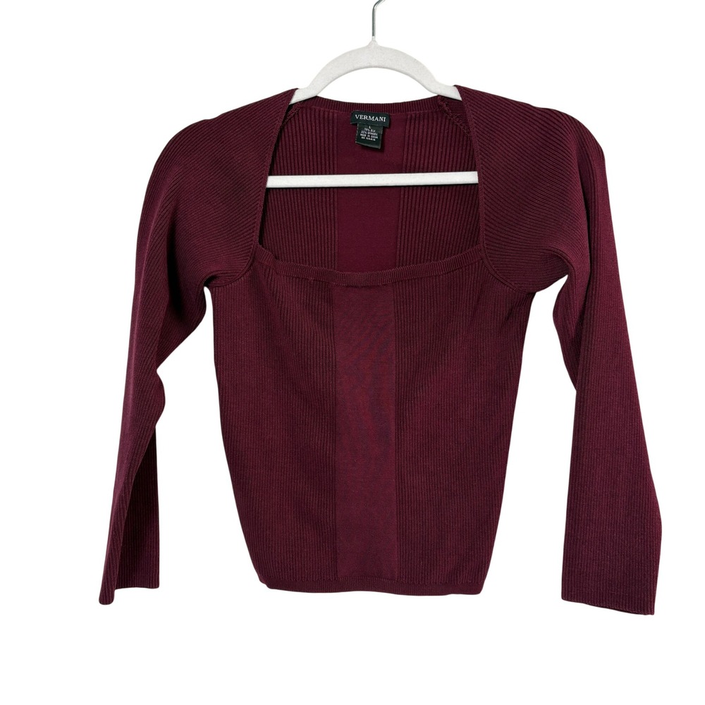 Vermani Silk Blend Sweater Womens L Burgundy Square Neck Ribbed Long Sleeve